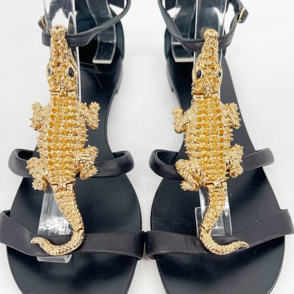 Giuseppe Zanotti Black Leather Gold Crocodile Embellished Flat Sandals IT 37.5 - Picture 7 of 13